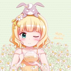 Rule 34 | 1girl, ;), animal, animal on head, bare arms, bare shoulders, blonde hair, blush, bow, closed mouth, collarbone, commentary request, dress, flower, gochuumon wa usagi desu ka?, goth risuto, green background, green bow, green eyes, green hairband, hair bow, hair flower, hair ornament, hairband, happy birthday, heart, holding, holding teapot, kirima syaro, on head, one eye closed, rabbit, sleeveless, sleeveless dress, smile, teapot, transparent, upper body, white flower, wild geese, yellow dress