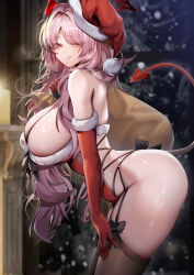 1girl :q absurdres alternate_costume arched_back bare_shoulders black_thighhighs blue_archive blush breasts closed_mouth demon_tail elbow_gloves from_side fur_trim gloves halo hat highres holding holding_sack horns large_breasts leotard long_hair looking_at_viewer mole mole_on_breast pink_hair red_gloves red_hat red_leotard rourou_(been) sack santa_hat satsuki_(blue_archive) smile tail thighhighs thighs tongue tongue_out yellow_eyes