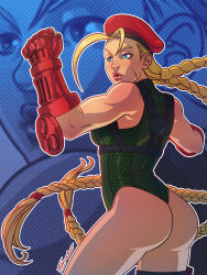 Rule 34 | 1girl, ahoge, antenna hair, ass, beret, blonde hair, blue eyes, braid, breasts, cammy white, clenched hand, derivative work, fighting stance, fingerless gloves, gloves, harness, hat, highres, huge ahoge, leotard, lips, long hair, muscular, nose, outline, pouch, royce southerland, scar, solo, street fighter, street fighter v, thigh pouch, thong leotard, toned, twin braids, very long hair, white outline, zoom layer
