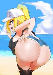 Rule 34 | 1girl, ass, ass focus, baseball cap, beach, black-framed eyewear, black tank top, black thighhighs, blue shorts, blue sky, blush, borrowed character, breasts, commentary, commission, covered erect nipples, crop top, crop top overhang, cutoffs, day, ear piercing, english commentary, fang, from behind, glasses, hair through headwear, hand on own ass, hat, highleg, highleg panties, highres, huge breasts, laughing, makeup, mascara, no bra, ocean, original, panties, piercing, pince-nez, ponytail, rumi (rumigawa31), sand, semi-rimless eyewear, short shorts, shorts, sideboob, sky, solo, tank top, tanya (nick), teeth, thighhighs, torn clothes, torn thighhighs, under-rim eyewear, underboob, underwear, upper teeth only, wet, white hat