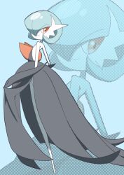 Rule 34 | alternate color, bad id, bad twitter id, black dress, black gloves, blue background, blue hair, bob cut, colored skin, creatures (company), dress, elbow gloves, game freak, gardevoir, gen 3 pokemon, gloves, hair over one eye, looking at viewer, mega gardevoir, mega pokemon, nintendo, orange eyes, pokemon, pokemon (creature), shiny pokemon, strapless, strapless dress, tasapi, white skin