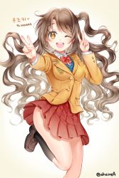 10s 1girl ;d bad_id bad_twitter_id brown_eyes brown_hair double_v female_focus idolmaster idolmaster_cinderella_girls long_hair looking_at_viewer one_eye_closed one_side_up open_mouth school_uniform shainea shimamura_uzuki smile solo v