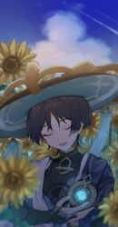 Rule 34 | 1boy, bishounen, black hair, blue sky, closed eyes, cloud, flower, genshin impact, hat, highres, inagoinaire, japanese clothes, male focus, outdoors, scaramouche (genshin impact), short hair, sky, sleeveless, solo, sunflower, upper body, vision (genshin impact), wanderer (genshin impact)