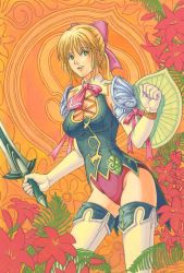 Rule 34 | 1girl, bad id, bad pixiv id, blonde hair, bow, breasts, cassandra alexandra, cleavage, elbow gloves, flower, gloves, green eyes, hair bow, highres, large breasts, necktie, pink necktie, shield, solo, soul calibur, soulcalibur, soulcalibur iv, sword, thighhighs, weapon