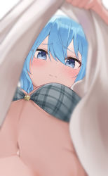 Rule 34 | 1girl, absurdres, ayama nano, blue eyes, blue hair, blurry, blurry foreground, blush, bra, breasts, closed mouth, clothes lift, commentary request, depth of field, from below, grey bra, hair between eyes, highres, hololive, hoshimachi suisei, lifted by self, looking at viewer, looking down, medium breasts, navel, plaid, plaid bra, shirt, shirt lift, solo, underwear, upshirt, virtual youtuber, white shirt