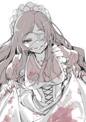 Rule 34 | 1girl, apron, black kimono, blood, blood on clothes, blood on face, blood on hands, breasts, brown hair, corset, curtsey, dot nose, evil smile, eyepatch, hair over shoulder, half-closed eye, idolmaster, idolmaster million live!, idolmaster million live! theater days, japanese clothes, kimono, kitazawa shiho, large breasts, long hair, long sleeves, looking at viewer, maid, maid apron, maid headdress, medical eyepatch, mitogawawataru, neck ribbon, official alternate costume, parted bangs, parted lips, puffy sleeves, ribbon, sidelocks, simple background, smile, solo, straight hair, upper body, wavy hair, white background