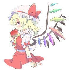 Rule 34 | 1girl, apple, ascot, blonde hair, collared shirt, crystal, flandre scarlet, food, frilled shirt collar, frilled skirt, frilled sleeves, frills, fruit, hat, mob cap, one side up, puffy short sleeves, puffy sleeves, red eyes, red skirt, red vest, shirt, short hair, short sleeves, skirt, skirt set, solo, tanasuke, touhou, vest, white hat, white shirt, wrist cuffs, yellow ascot