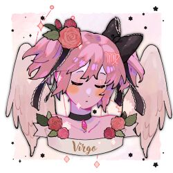 Rule 34 | 1girl, angel wings, bare shoulders, black choker, black ribbon, blush stickers, border, bud, choker, closed eyes, collarbone, constellation, cropped shoulders, dot nose, expressionless, facing viewer, feathered wings, flower, hair flower, hair ornament, hair ribbon, highres, kaname madoka, lace, lace-trimmed ribbon, lace trim, leaf, leaf hair ornament, mahou shoujo madoka magica, mahou shoujo madoka magica (anime), parted lips, pink background, pink flower, pink hair, pink rose, pink theme, red flower, red rose, ribbon, rose, short twintails, simple background, solo, soul gem, sparkle, star (symbol), text focus, twintails, virgo (constellation), virgo (symbol), virgo (zodiac), white border, white wings, wings, yooki (winter cakes), zodiac