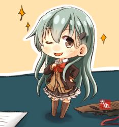 Rule 34 | 10s, 1girl, artist name, black skirt, blouse, brown jacket, brown sweater, brown thighhighs, buttons, cardigan, chibi, green eyes, green hair, hair ornament, hairclip, highres, jacket, kantai collection, long hair, long sleeves, neck ribbon, one eye closed, open mouth, orange background, pleated skirt, red ribbon, remodel (kantai collection), ribbon, shirt, skirt, smile, solo, suzuya (kancolle), sweater, taisa (kari), thighhighs, white shirt