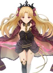 Rule 34 | 1girl, asymmetrical legwear, asymmetrical sleeves, between breasts, black thighhighs, blonde hair, blush, breasts, cape, closed mouth, detached collar, earrings, ereshkigal (fate), fate/grand order, fate (series), gold trim, highres, hoop earrings, infinity symbol, jewelry, long hair, looking at viewer, medium breasts, parted bangs, piisu, red cape, red eyes, simple background, single sleeve, single thighhigh, skull, smile, solo, spine, thighhighs, tiara, two side up, uneven legwear, uneven sleeves, white background