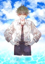 Rule 34 | 1boy, alternate costume, amami rantaro, black pants, blue sky, cloud, collarbone, danganronpa (series), danganronpa v3: killing harmony, day, green hair, han (hd d26), hands on own hips, highres, long sleeves, male focus, necktie, outdoors, pants, shirt, shirt tucked in, short hair, sky, smile, solo, striped necktie, wading, wet, wet clothes, wet shirt