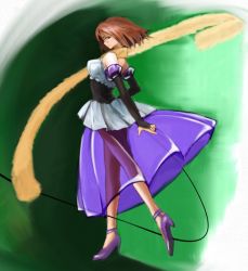 Rule 34 | 00s, 1girl, arm warmers, bad id, bad pixiv id, bare shoulders, broccoli (company), brown hair, dress, forte stollen, full body, galaxy angel, glasses, green background, high heels, monocle, nyama, purple footwear, scarf, see-through, shoes, skirt, solo, white skirt