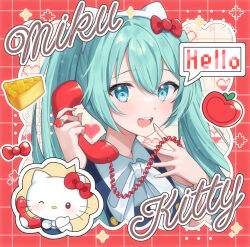 Rule 34 | 1girl, :d, blue eyes, blue hair, hair between eyes, hatsune miku, hello kitty, hello kitty (character), highres, holding, holding phone, jewelry, lushuao, open mouth, phone, ring, sanrio, short hair, smile, solo, twintails, upper body, vocaloid