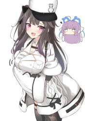 Rule 34 | 2girls, :d, absurdres, ahoge, azur lane, black gloves, black hair, black legwear, blush, blush stickers, breasts, chibi, chibi inset, cleavage, coat, commentary request, fang, fur-trimmed coat, fur-trimmed sleeves, fur hat, fur trim, gloves, hat, highres, large breasts, long hair, long sleeves, looking at viewer, moyoron, multiple girls, one side up, open mouth, pamiat merkuria (azur lane), purple hair, red eyes, simple background, sleeves past wrists, smile, solo focus, squiggle, tashkent (azur lane), thighhighs, v-shaped eyebrows, very long hair, white background, white coat, white headwear, wide sleeves