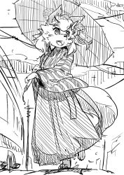 Rule 34 | 1girl, animal ear fluff, animal ears, animal nose, barefoot, blush, blush stickers, bus, cloud, female focus, fox ears, fox girl, fox tail, full body, furry, furry female, greyscale, hair ribbon, hakama, hakama skirt, happy, highres, holding, holding umbrella, japanese clothes, kame (3t), kimono, looking to the side, monochrome, motor vehicle, oil-paper umbrella, open mouth, original, outdoors, power lines, ribbon, short hair, sketch, skirt, smile, snout, solo, standing, standing on one leg, striped clothes, striped kimono, swept bangs, tail, umbrella, yhun-chan (kame (3t))