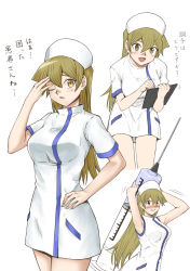Rule 34 | 1girl, :d, blush, brown hair, cowboy shot, dress, hair between eyes, hand on own hip, hat, highres, holding, holding pencil, holding syringe, leaning forward, long hair, looking at viewer, motion lines, multiple views, nurse, nurse cap, one eye closed, open mouth, pencil, rourou ill, short dress, short sleeves, smile, straight hair, syringe, tenjouin asuka, very long hair, white dress, yu-gi-oh!, yu-gi-oh! gx