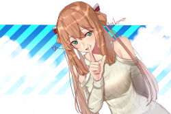 Rule 34 | 1girl, absurdres, alternate costume, arm behind back, blush, breasts, brown hair, casual, clothing cutout, girls&#039; frontline, green eyes, hair between eyes, hair ribbon, hair rings, highres, index finger raised, knuts92, large breasts, long hair, looking at viewer, open mouth, ribbed sweater, ribbon, shoulder cutout, sidelocks, signature, smile, solo, springfield (girls&#039; frontline), sweater