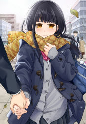 Rule 34 | 2boys, 2girls, bag, bag charm, bare tree, black hair, black skirt, blue coat, bow, bowtie, brown eyes, charm (object), cityscape, closed mouth, coat, commentary request, enpera, eyebrows hidden by hair, fringe trim, grey sweater, hand up, holding hands, kuroneko0202, leaf, long hair, looking at viewer, multiple boys, multiple girls, open clothes, open coat, original, outdoors, plaid, plaid scarf, pleated skirt, scarf, school bag, school uniform, skirt, sleeves past wrists, solo focus, sweater, tree, upper body, winter uniform, yellow scarf