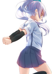 Rule 34 | 10s, 1girl, arms behind back, black socks, blouse, bright background, brown eyes, caibao return, hair ribbon, interlocked fingers, kantai collection, kasumi (kancolle), kneehighs, leg up, long hair, looking at viewer, own hands clasped, own hands together, pleated skirt, ponytail, ribbon, school uniform, shirt, side ponytail, silver hair, simple background, skirt, smile, socks, solo, suspenders, v arms, white background, white shirt