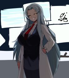 Rule 34 | 1girl, 9is, angela (project moon), ascot, black vest, blue hair, breasts, coat, collared shirt, doyagao, highres, lab coat, large breasts, light blue hair, lobotomy corporation, lobotomy corporation logo, long hair, long sleeves, looking at viewer, necktie, project moon, red necktie, shirt, smile, smirk, smug, solo, very long hair, vest, white coat, yellow eyes