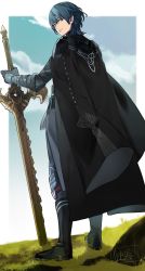 Rule 34 | 1boy, absurdres, armor, black armor, black cape, black footwear, black gloves, blue hair, blue sky, boots, byleth (fire emblem), byleth (male) (fire emblem), cape, closed mouth, cloud, commentary, day, doku gin1126, english commentary, expressionless, fire emblem, fire emblem: three houses, from behind, gauntlets, gloves, grass, highres, holding, holding sword, holding weapon, looking at viewer, male focus, nintendo, outdoors, planted, planted sword, planted weapon, purple eyes, short hair, signature, sky, solo, sword, sword of the creator, weapon