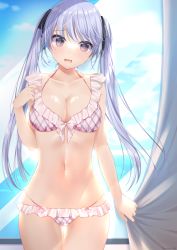 Rule 34 | 1girl, bikini, blush, breasts, cleavage, collarbone, cowboy shot, curtains, drop.b, fang, frilled bikini, frills, glass, highres, indoors, large breasts, medium breasts, navel, open mouth, original, pink eyes, purple hair, silver hair, swimsuit, twintails