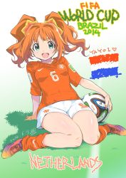 Rule 34 | 1girl, 2014 fifa world cup, blush, color connection, dated, dutch flag, fifa, green eyes, highres, idolmaster, idolmaster (classic), inoue sora, long hair, looking at viewer, netherlands, open mouth, orange hair, revision, short hair, shorts, signature, smile, soccer, soccer uniform, solo, sportswear, takatsuki yayoi, thighs, twintails, world cup