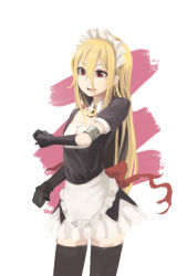 Rule 34 | 1girl, apron, artist request, blonde hair, collar, detached sleeves, evileye (overlord), frills, gloves, hair between eyes, lock, long hair, maid, maid apron, maid headdress, overlord (maruyama), puffy sleeves, red eyes, smile, solo, thighhighs
