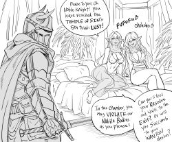 Rule 34 | 1boy, 2girls, armor, barefoot, bb (baalbuddy), bed, breasts, cape, commentary, crossed legs, elf, english commentary, english text, full armor, greyscale, hair over one eye, harem outfit, helmet, highres, holding, holding sword, holding weapon, knight, large breasts, lipstick, long hair, makeup, monochrome, mouth veil, multiple girls, navel, one eye covered, original, pillow, pointy ears, seductive smile, sitting, smile, sword, veil, weapon