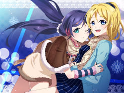 Rule 34 | 10s, 2girls, :d, ayase eli, blonde hair, blue eyes, breasts, fur trim, green eyes, hair ornament, hair scrunchie, highres, hug, long hair, love live!, love live! school idol festival, love live! school idol project, m-1ng, multiple girls, one eye closed, open mouth, pinstripe pattern, ponytail, purple hair, scarf, scrunchie, smile, star (symbol), star print, striped, tojo nozomi, twintails, winter clothes