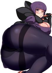 Rule 34 | 1girl, ass, ass focus, black panties, blunt bangs, blush, breasts, cameltoe, cleavage, creatures (company), dress, elite four, from behind, game freak, glasses, highres, holding, holding pen, huge ass, komusou (jinrikisha), large breasts, lips, looking at viewer, nintendo, panties, panties under pantyhose, pantyhose, parted lips, pen, pokemon, pokemon bw, purple eyes, purple hair, purple pantyhose, see-through, shauntal (pokemon), shiny skin, short hair, simple background, solo, thick thighs, thighs, underwear, white background