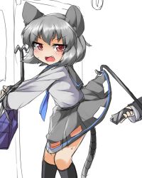 Rule 34 | 1girl, adapted costume, animal ears, assisted exposure, bag, blush, camera phone, cellphone, chikan, clothes lift, dowsing rod, embarrassed, fang, fun bo, grey hair, long sleeves, mouse ears, mouse tail, nazrin, neckerchief, open mouth, phone, red eyes, red hair, school uniform, serafuku, skirt, skirt lift, skirt tug, solo focus, tail, tears, touhou, train, train interior