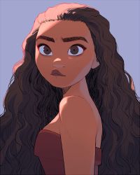 Rule 34 | 1girl, bare arms, bare shoulders, brown eyes, brown hair, curly hair, dark-skinned female, dark skin, eyelashes, facing viewer, furrowed brow, grey background, light blush, long hair, looking afar, moana (movie), moana waialiki, pano (mohayayamai), pursed lips, sidelighting, simple background, solo, strapless, thick eyebrows, thick lips, tsurime, upper body, very long hair