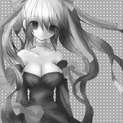 Rule 34 | bad id, bad pixiv id, bare shoulders, breasts, chutona, cleavage, detached sleeves, dress, greyscale, large breasts, long hair, monochrome, original, ribbon, strapless, strapless dress, twintails