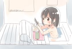 Rule 34 | &gt;:/, 10s, 1girl, :/, bathing, bathroom, bathtub, blush, bodysuit, brown eyes, brown hair, can, cellphone, chibi, closed mouth, dated, drink can, expressionless, food, hair between eyes, highres, holding, holding phone, indoors, kantai collection, koruri, nude, partially submerged, phone, ripples, sandwich, sandwiched, sendai (kancolle), short hair, short sleeves, sitting, smartphone, soda can, solo, twitter username, upper body, v-shaped eyebrows, water drop, wet