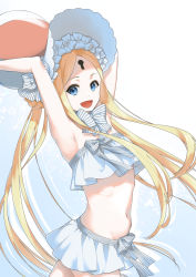 Rule 34 | 1girl, abigail williams (fate), abigail williams (swimsuit), abigail williams (swimsuit foreigner) (fate), abigail williams (swimsuit foreigner) (third ascension) (fate), armpits, arms behind head, arms up, ball, bare shoulders, beachball, bikini, blonde hair, blue eyes, blush, bonnet, bow, braid, breasts, chito04, fate/grand order, fate (series), forehead, gradient background, hair bow, hair rings, highres, keyhole, long hair, looking at viewer, navel, open mouth, parted bangs, sidelocks, small breasts, smile, solo, swimsuit, twin braids, twintails, very long hair, white bikini, white bow, white headwear