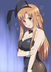 Rule 34 | 1girl, anger vein, animal ears, asuna (sao), black bow, black bowtie, black leotard, black pantyhose, bow, bowtie, braid, breasts, brown eyes, brown hair, cleavage, commentary request, cowboy shot, detached collar, french braid, highres, large breasts, leotard, long hair, looking at viewer, pantyhose, playboy bunny, rabbit ears, rabbit tail, shichimenchou, solo, strapless, strapless leotard, sword art online, tail, wrist cuffs