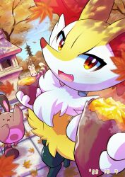 Rule 34 | 1girl, :3, animal ear fluff, animal ears, animal nose, autumn, autumn leaves, black fur, blush, body fur, braixen, creatures (company), dappled sunlight, dated, day, drooling, dutch angle, fang, female focus, food, foreshortening, fox ears, fox girl, fox tail, furret, furry, furry female, game freak, gen 2 pokemon, gen 6 pokemon, hands up, happy, highres, holding, holding food, hungry, incoming food, light blush, looking at viewer, multicolored fur, nanahoshi (wadorigi), neck fur, nintendo, open mouth, outdoors, pagoda, pokemon, pokemon (creature), red eyes, roasted sweet potato, saliva, sentret, smile, snout, solo focus, standing, steam, stone lantern, sunlight, sweet potato, tail, tree, white fur, yellow fur