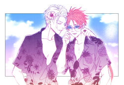 Rule 34 | 2boys, blonde hair, blue-tinted eyewear, closed eyes, cloud, coconut, collarbone, final fantasy, final fantasy vii, floral print, flower, flower on head, framed, hand on another&#039;s cheek, hand on another&#039;s face, hand on own cheek, hand on own face, hawaiian shirt, long hair, male focus, multiple boys, parted lips, ponytail, red hair, reno (ff7), rufus shinra, shirt, short hair, sky, square enix, sunglasses, tinted eyewear, turks (ff7), unbuttoned, unbuttoned shirt, yaoi