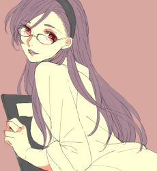 Rule 34 | 1girl, alternate costume, black hairband, breasts, brown background, casual, chrono cross, clipboard, collared shirt, contemporary, glasses, hair over one eye, hairband, holding, holding clipboard, long hair, long sleeves, looking at viewer, looking back, medium breasts, parted lips, purple hair, purple lips, red eyes, riddel (chrono cross), shirt, solo, tokio (okt0w0), upper body, white shirt