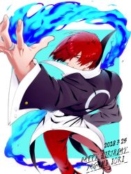 Rule 34 | 1boy, blue fire, character name, choker, crescent print, dated, evil grin, evil smile, fire, from behind, grin, hair over one eye, happy birthday, jewelry, juu satoshi, male focus, pyrokinesis, red eyes, red hair, ring, smile, solo, the king of fighters, unbuttoned sleeves, wing collar, yagami iori