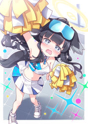 Rule 34 | 1girl, animal ears, arm up, armpits, bare shoulders, black hair, blue archive, blush, breasts, cheerleader, cleavage, commentary request, dog ears, dog girl, dog tail, goggles, goggles on head, grey eyes, halo, harada (sansei rain), hibiki (blue archive), hibiki (cheer squad) (blue archive), highres, medium breasts, millennium cheerleader outfit (blue archive), official alternate costume, open mouth, pleated skirt, pom pom (cheerleading), shoes, skirt, solo, standing, star (symbol), tail, tears, wavy mouth, white footwear, white skirt
