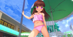 Rule 34 | 1girl, absurdres, arm behind back, arm up, bikini, blush, brown hair, building, camisole, child, cloud, gluteal fold, highres, legs apart, long hair, mutsuki (moonknives), navel, open mouth, original, outdoors, pink bikini, pink camisole, pink eyes, pole, sky, solo, swimsuit, thighs, umbrella, yui (moonknives)