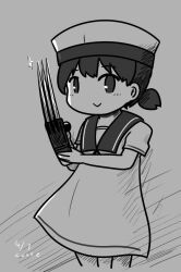 Rule 34 | 1girl, :&gt;, black hair, claw (weapon), curse (023), dress, feet out of frame, greyscale, hat, hiburi (kancolle), kantai collection, looking at viewer, low ponytail, monochrome, no nose, sailor collar, sailor dress, sailor hat, short hair, short sleeves, smile, solo, weapon