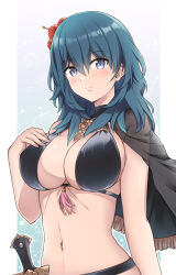 Rule 34 | 1girl, bikini, black bikini, black capelet, blue eyes, blue hair, blush, breasts, byleth (female) (fire emblem), byleth (female) (summer) (fire emblem), byleth (fire emblem), capelet, cleavage, closed mouth, commentary request, cowboy shot, dagger, fire emblem, fire emblem: three houses, fire emblem heroes, flower, hair between eyes, hair flower, hair ornament, hand on own chest, hibiscus, highres, knife, komurice, large breasts, long hair, looking at viewer, midriff, navel, nintendo, official alternate costume, red flower, sheath, sheathed, sideboob, sidelocks, single bare shoulder, solo, standing, swimsuit, tassel, weapon