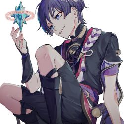 Rule 34 | 1boy, artist request, blue eyes, commentary, eyeliner, genshin impact, hair between eyes, highres, looking at object, makeup, male focus, open mouth, purple hair, scaramouche (genshin impact), short hair, simple background, smile, solo, white background