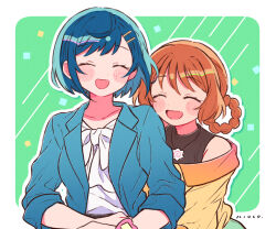 Rule 34 | 2girls, blue hair, blue jacket, blush, brown hair, closed eyes, delicious party precure, dress, fuwa kokone, hair ornament, hair rings, hairclip, hanamichi ran, jacket, jewelry, kiocotton, multiple girls, necklace, off-shoulder dress, off shoulder, open mouth, precure, short hair, smile