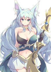 Rule 34 | 1girl, absurdres, animal ear fluff, animal ears, apollousa bow of the goddess, bare shoulders, black gloves, blue hair, blush, bow (weapon), breasts, cleavage, collar, dress, duel monster, gloves, green eyes, highres, holding, holding bow (weapon), holding weapon, kanzakietc, large breasts, metal collar, midriff, pleated skirt, skirt, smile, solo, weapon, white skirt, yu-gi-oh!