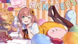 Rule 34 | 1girl, ;d, ahoge, anniversary, balloon, bed, blush, brown hair, character doll, commentary request, creatures (company), doll, dress, flower, game freak, gen 2 pokemon, green eyes, hair flower, hair ornament, hat, highres, honma himawari, kirby, kirby (series), legs up, looking at viewer, lying, medium hair, nijisanji, nintendo, no shoes, on stomach, one eye closed, open mouth, pokemon, pokemon (creature), quagsire, short hair, smile, solo, sunflower, sunflower hair ornament, teeth, thighhighs, upper teeth only, v, virtual youtuber, yellow flower, yumesaki nana