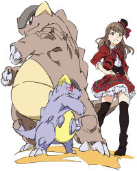 Rule 34 | 10s, 1girl, boots, brown eyes, brown hair, creatures (company), crossover, frills, game freak, gen 1 pokemon, hands on own hips, hat, kangaskhan, long hair, mega kangaskhan, mega pokemon, nintendo, pokemon, pokemon (creature), red eyes, simple background, smile, suzuki rena, thighhighs, top hat, umanosuke, wake up girls!